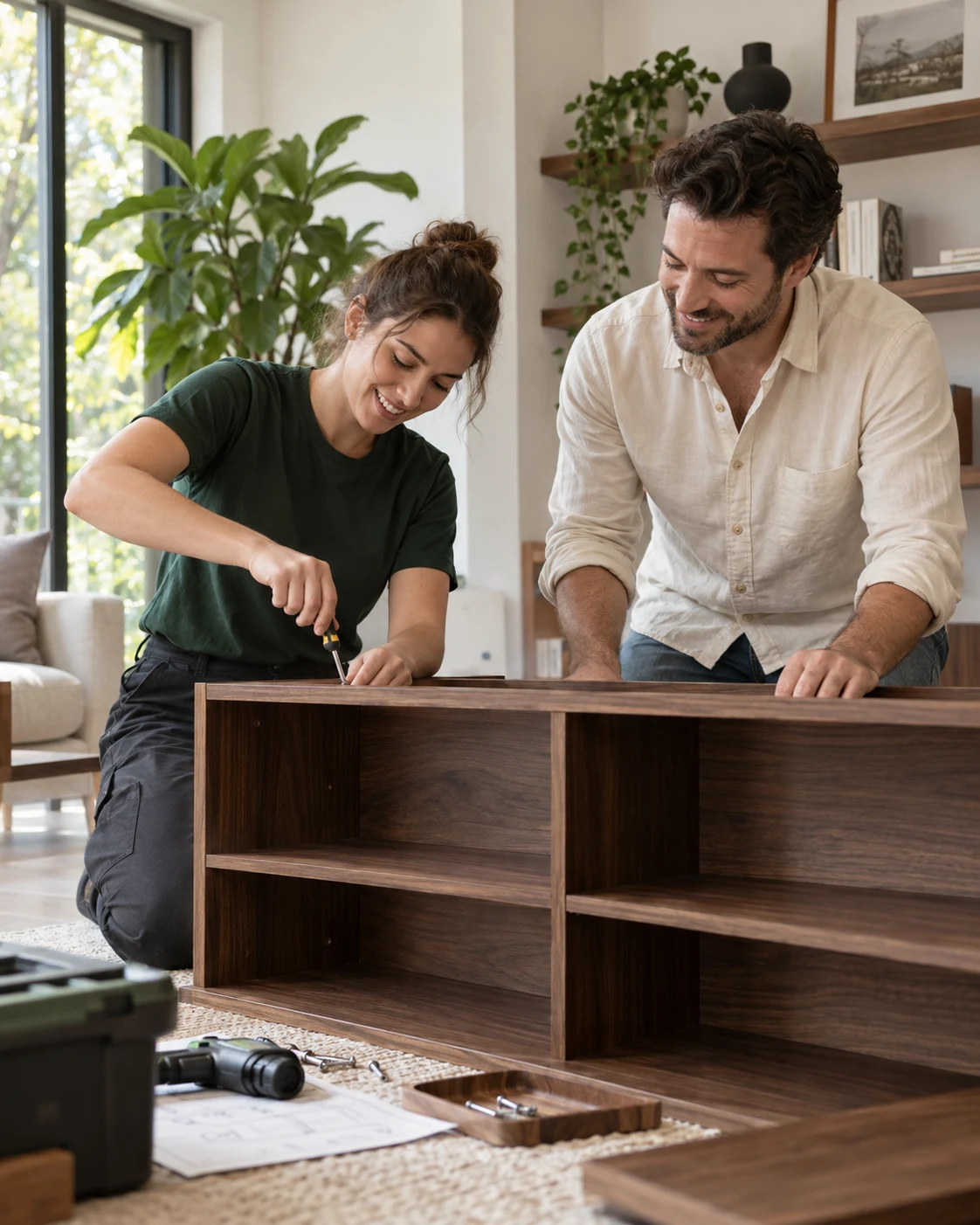 Illustrative scene of two people assembling furniture together in a bright home