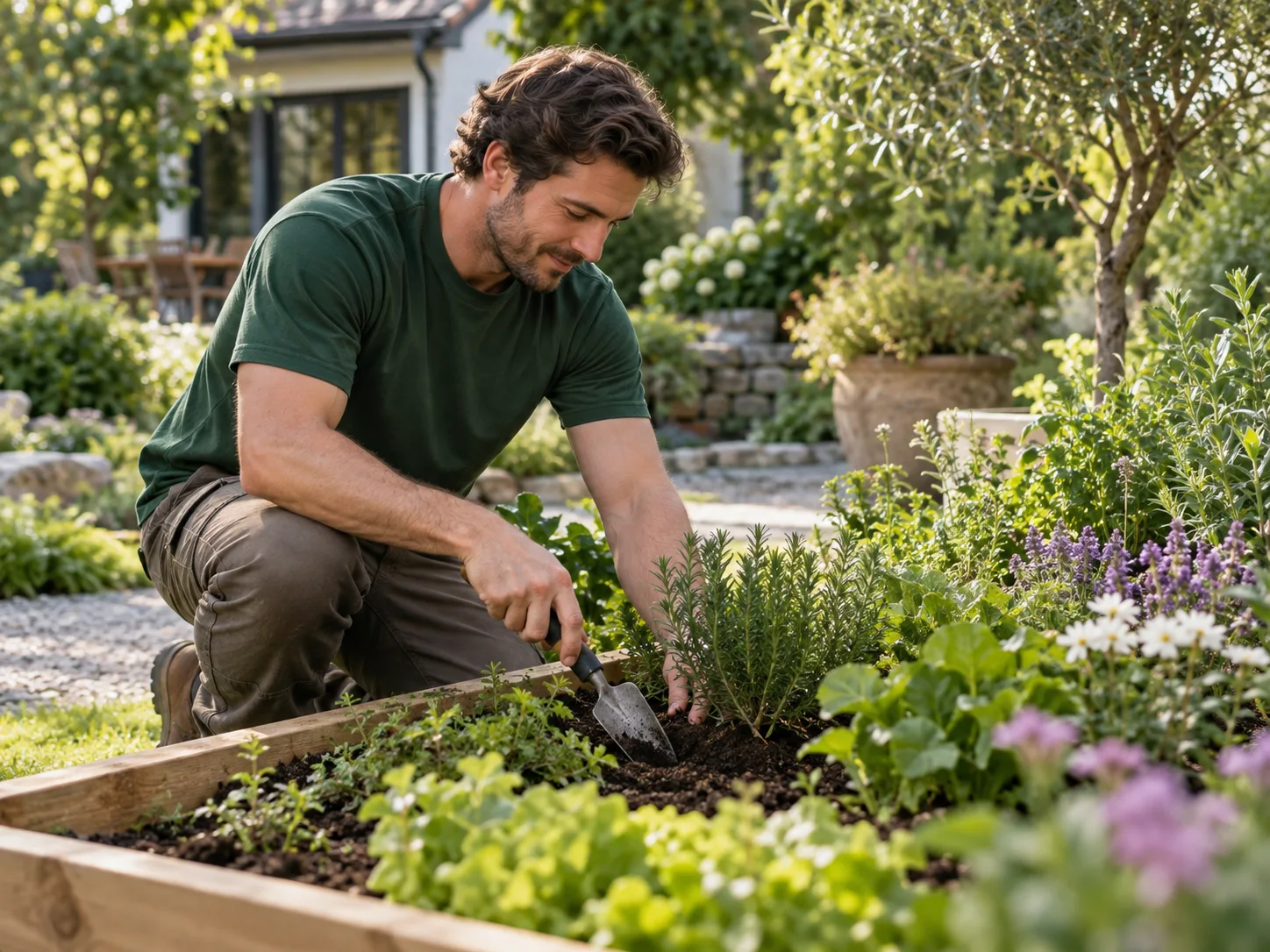 Illustrative scene of a gardener tending a raised bed